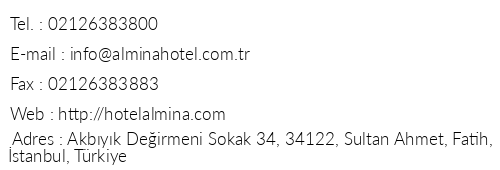 Almina Hotel telefon numaralar, faks, e-mail, posta adresi ve iletiim bilgileri